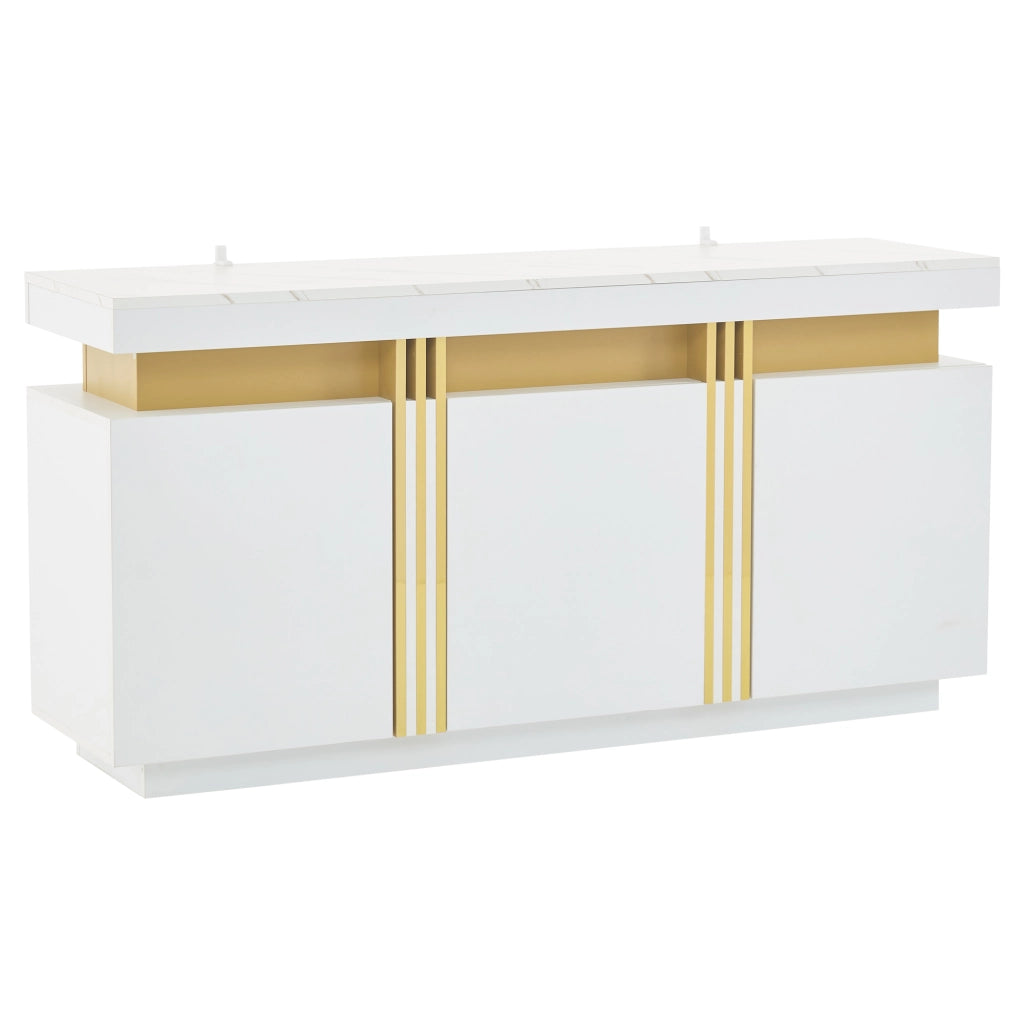 Credenza moderna bianca con 3 ante e ripiani regolabili in truciolare effetto marmo 140 × 38 × 70 cm