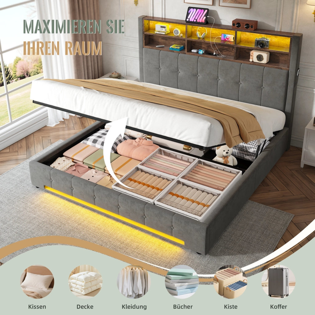 Letto imbottito 180x200 cm idraulico LED USB velluto grigio scuro