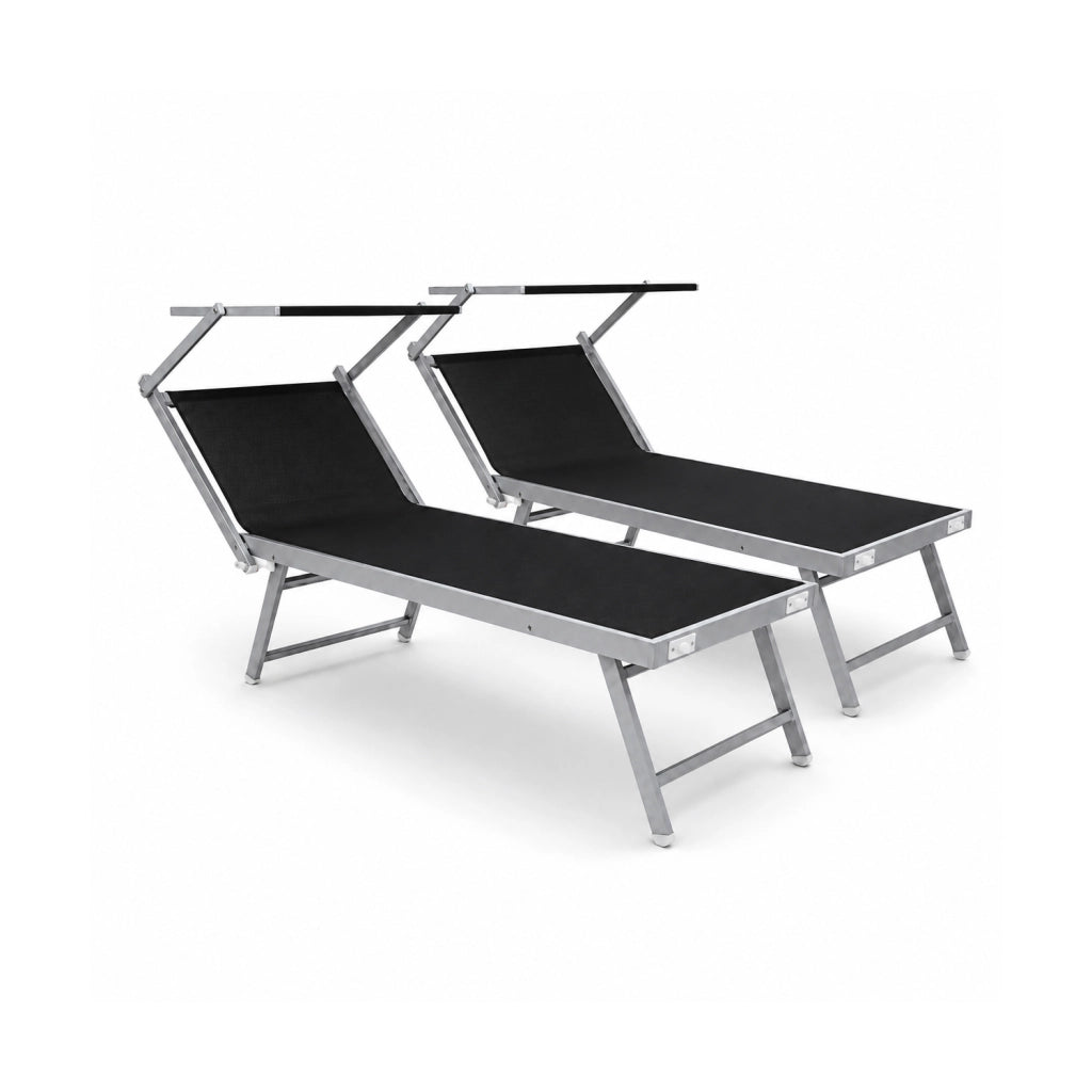 Set 2 Lettini Prendisole Pieghevoli Professionali In Alluminio Leggero Con Tettuccio Parasole Regolabile Sdraio Relax Mare Spiaggia Piscina Giardino Terrazza 182 x 60 x 38 Cm Nero