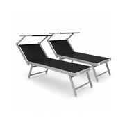 Set 2 Lettini Prendisole Pieghevoli Professionali In Alluminio Leggero Con Tettuccio Parasole Regolabile Sdraio Relax Mare Spiaggia Piscina Giardino Terrazza 182 x 60 x 38 Cm Nero