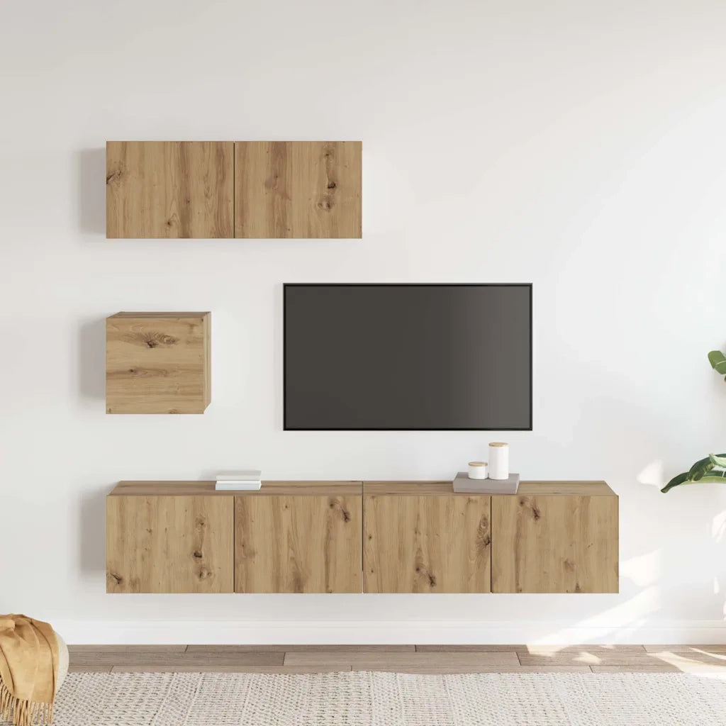 Set Mobile TV 4 pz Montato a Parete Rovere in Legno Multistrato 3329220