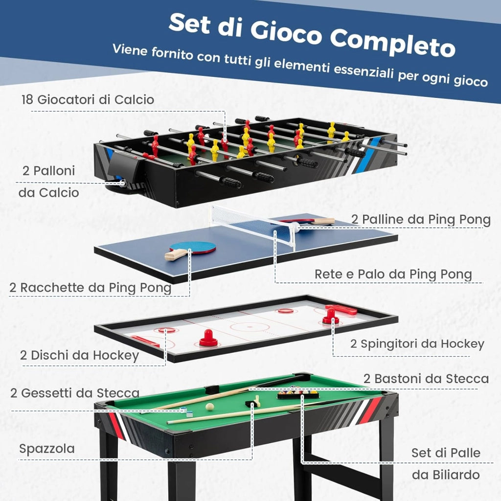 4 in 1 Tavolo da Gioco Multiuso, Tavolo da Calcio Balilla con Biliardo Hockey e Ping Pong, Set di Giochi con Accessori per Casa Feste Bar, 125x97x83 cm
