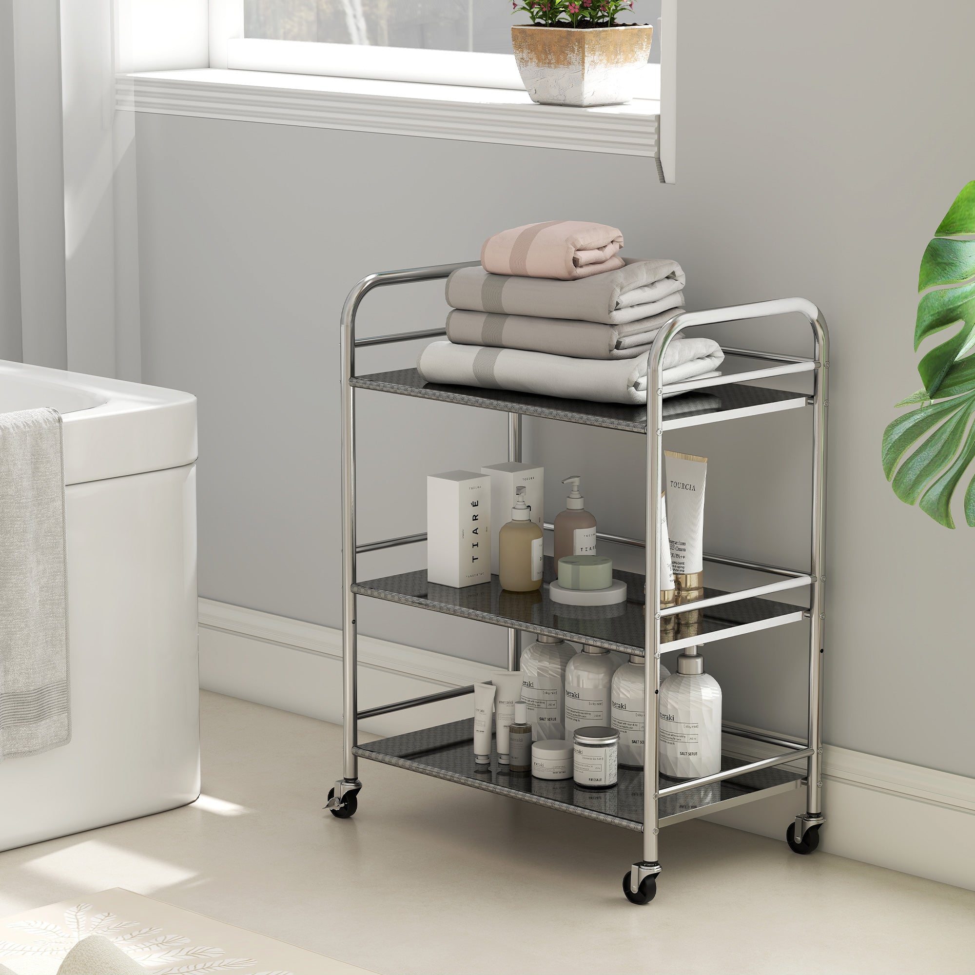Carrello da Cucina Multiuso a 4 Livelli 60x35x77 cm con Ripiano Centrale Regolabile in Acciaio Inox
