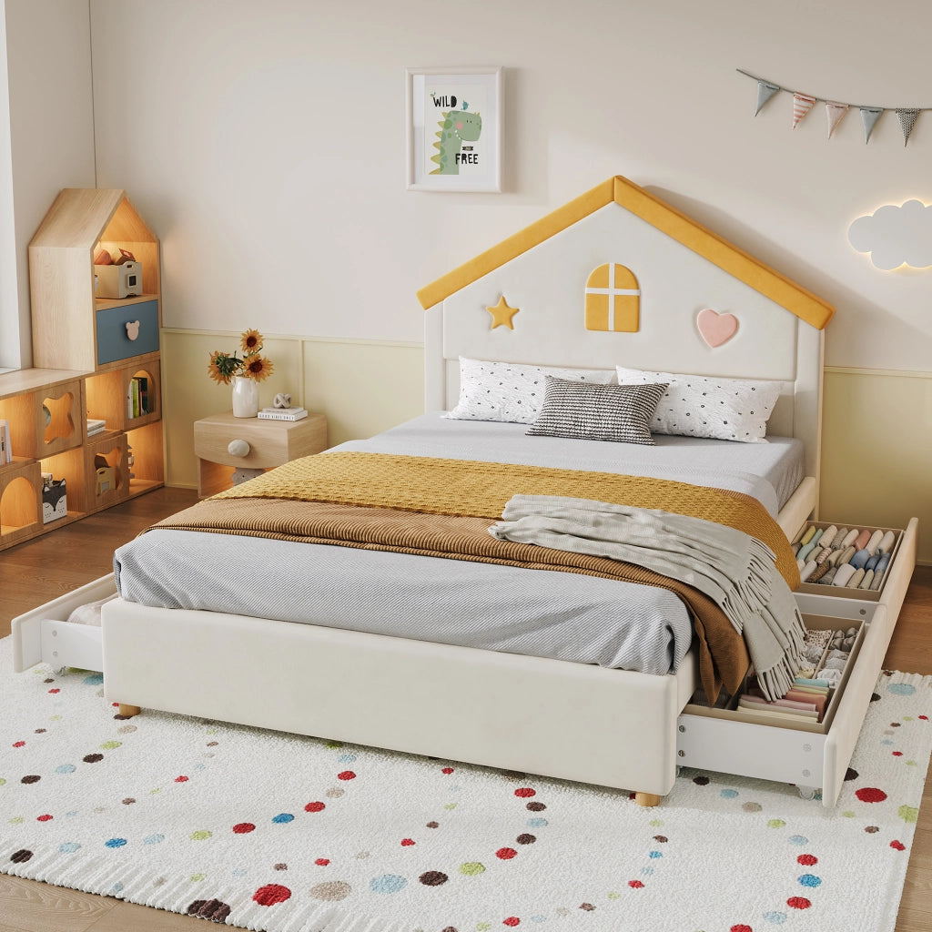 Letto per bambini con cassetti ¨C Minimal ¨C Beige velluto imbottito 140x200 cm