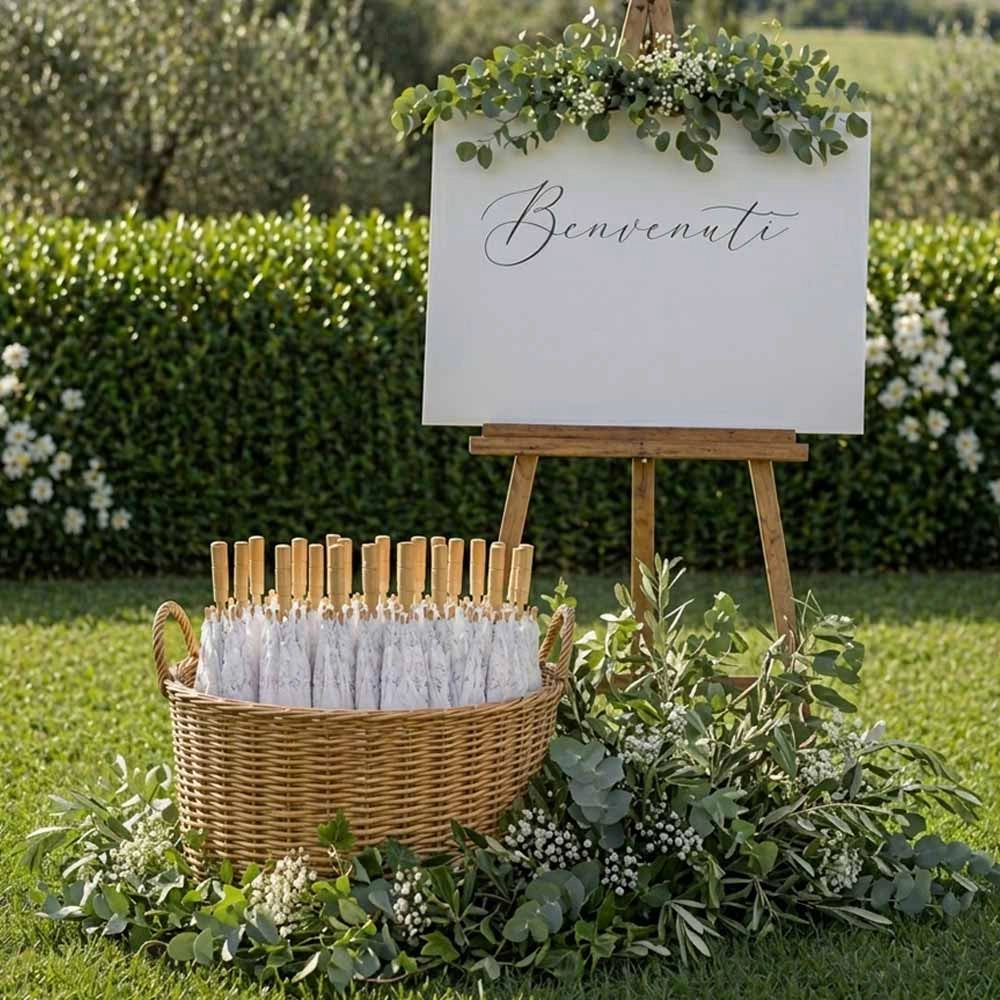 5 Mini-Ombrelli Wedding in Legno con Pizzo Bianco Ricamato 53 x h 60 cm