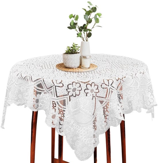 Tavolo quadrato copri tavolo, 90 x 90 cm, decorato con motivi floreali, bordi francesi, copri tavolo piccolo per sala da pranzo, cucina e campeggio, bianco (A)