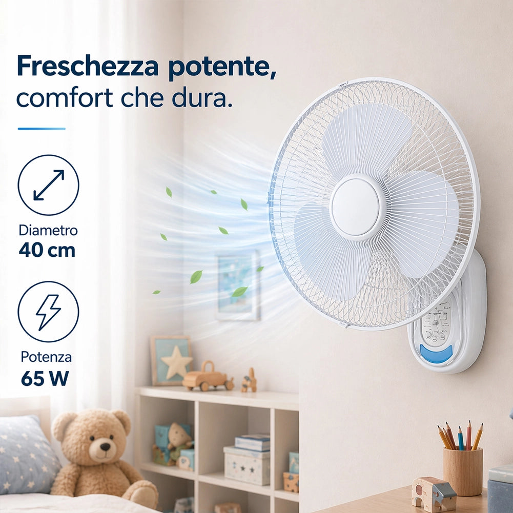 Ventilatore da Parete 40 cm con Telecomando Silenzioso 65W Oscillante Bianco