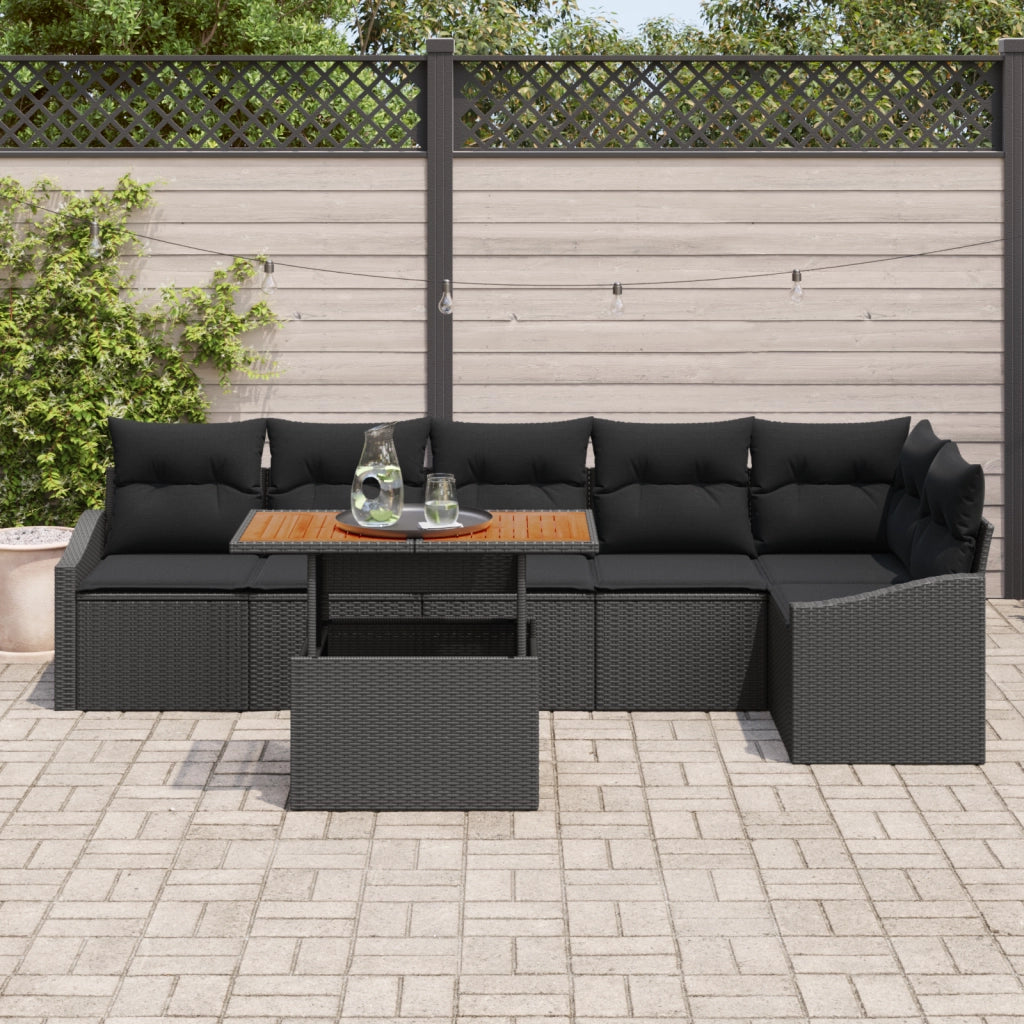 Set da Pranzo da Giardino in 7 Pezzi con Cuscini Rattan Nero Acacia
