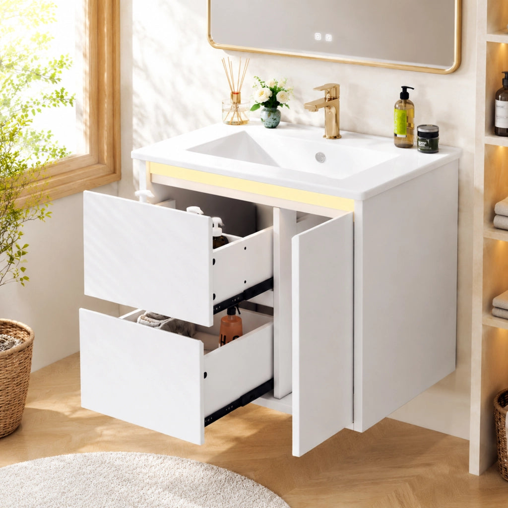 Mobile bagno sospeso bianco da 61 cm con luce LED e lavabo integrato