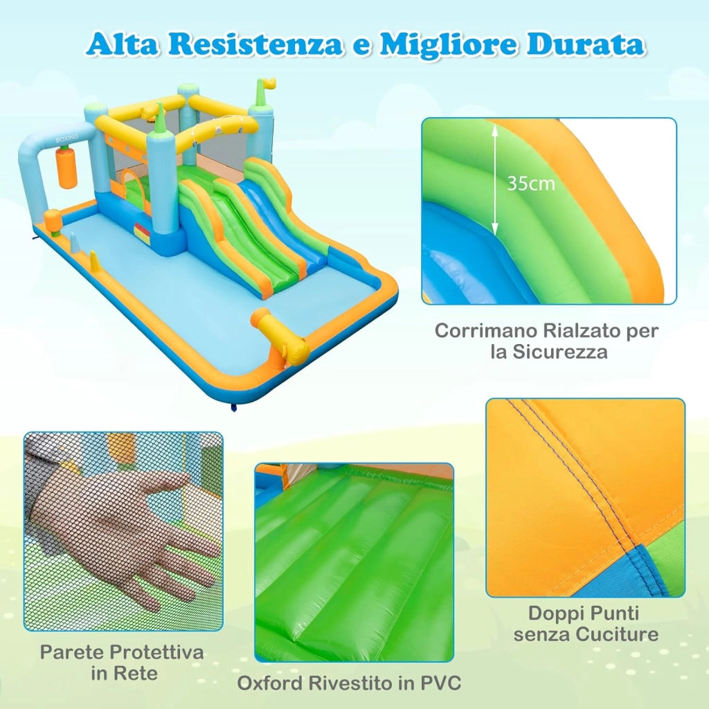 Castello Gonfiabile per Bambini, Casa Gonfiabile con 2 Scivoli, Piscina, Cannone d'Acqua e Sacco da Boxe, per 2 Bambini 3-10 Anni, 503 x 348 x 228 cm