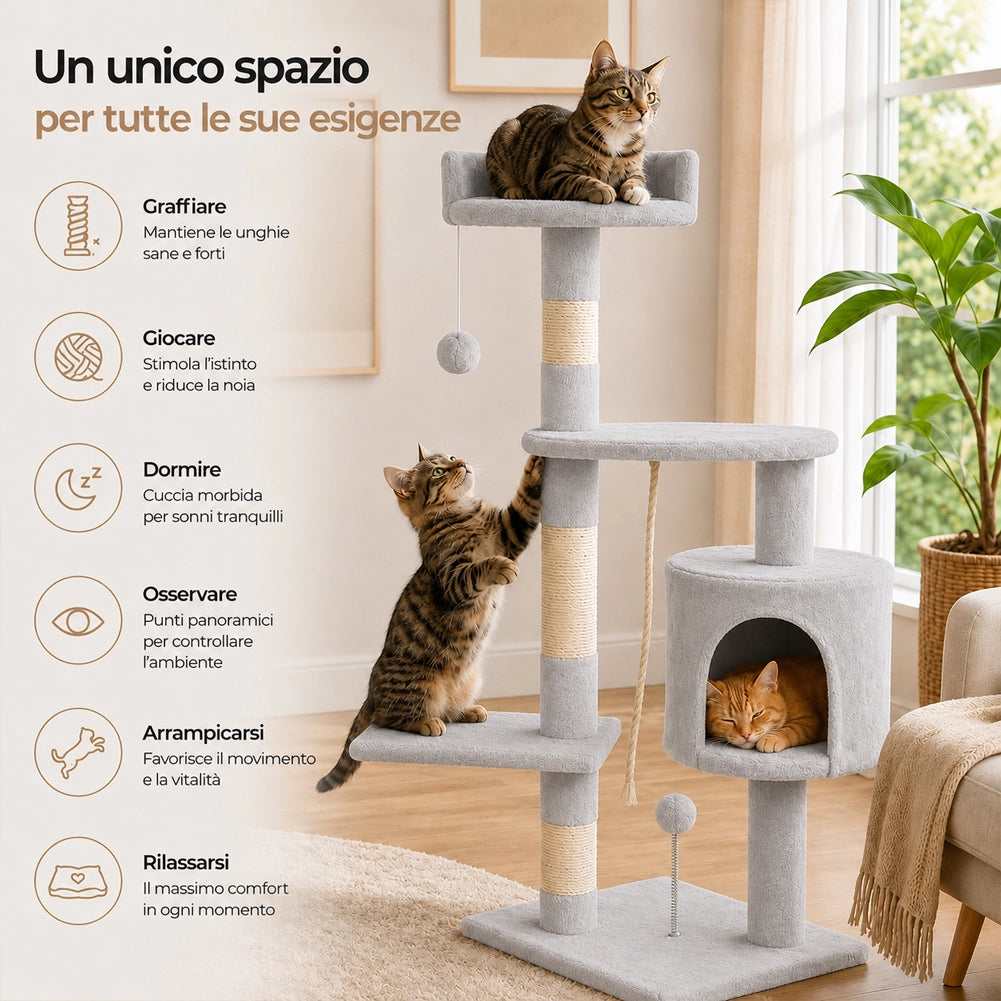 Albero Tiragraffi Gatti Parco Giochi Cuccia Graffiatoio gatto 112cm Grigio Chiar