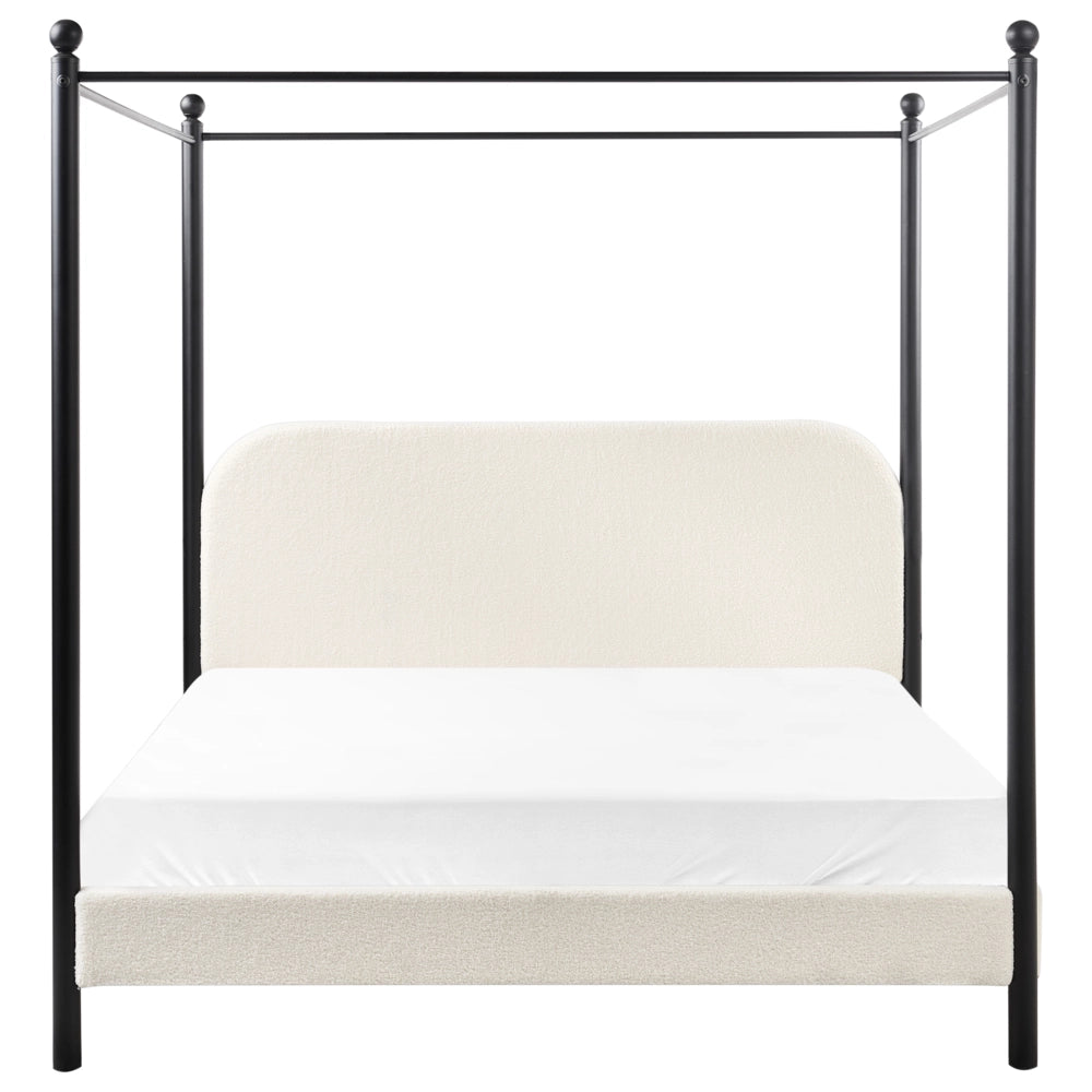 Letto a baldacchino in metallo nero con rivestimento in bouclé bianco sporco 160 x 200 cm EU Dimensioni doppie Retro Minimalista