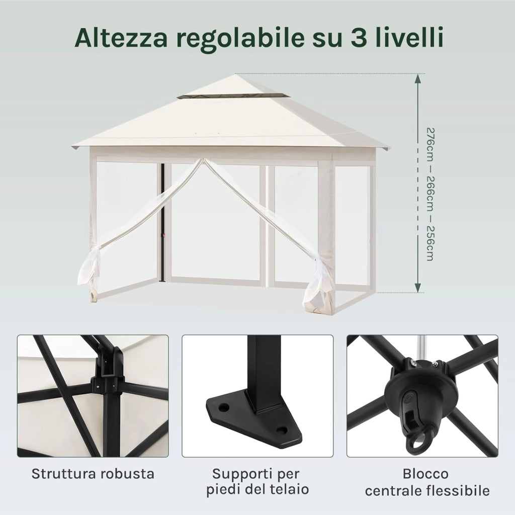 Gazebo da Giardino per Esterni, Gazebo 3x3 Pieghevole Idrorepellente, con Zanzariera Rimovibile, Doppio Tetto, Borsa per Trasporto, Resistente ai Raggi UV, Beige