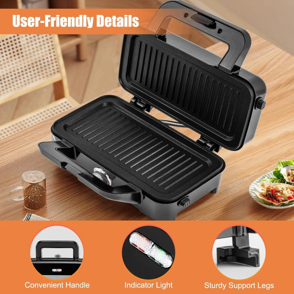 Tostapane 1200W, Piastra per Panini Sandwich Waffle 3 in 1, 5 Temperature Regolabili, Doppia Faccia, Piastra Grill Rimovibile e Lavabile, Protezione contro Surriscaldamento, Nero