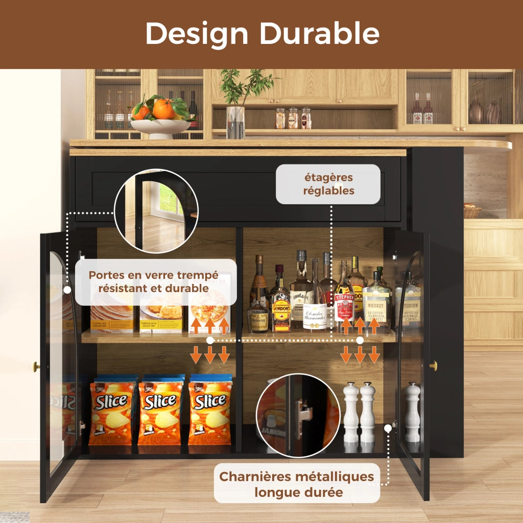 Tavolo Bar Estensibile con 1 Anta in Vetro; 3 Ripiani e Rotazione a 360°; per Cucina; in MDF; Nero; 138×39×104 cm