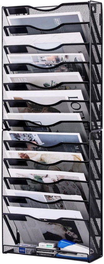Krantenhouder con 12 contenitori, base metallica, supporto per cartelle, contenitori di archiviazione per fogli A4, documenti, ufficio, scuola, organizzatore di archivi, nero