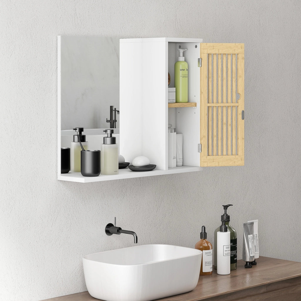 Specchio da Bagno con Ante e Ripiani ¨C zephmum ¨C 60x50 cm Bamb¨´ Bianco e Naturale