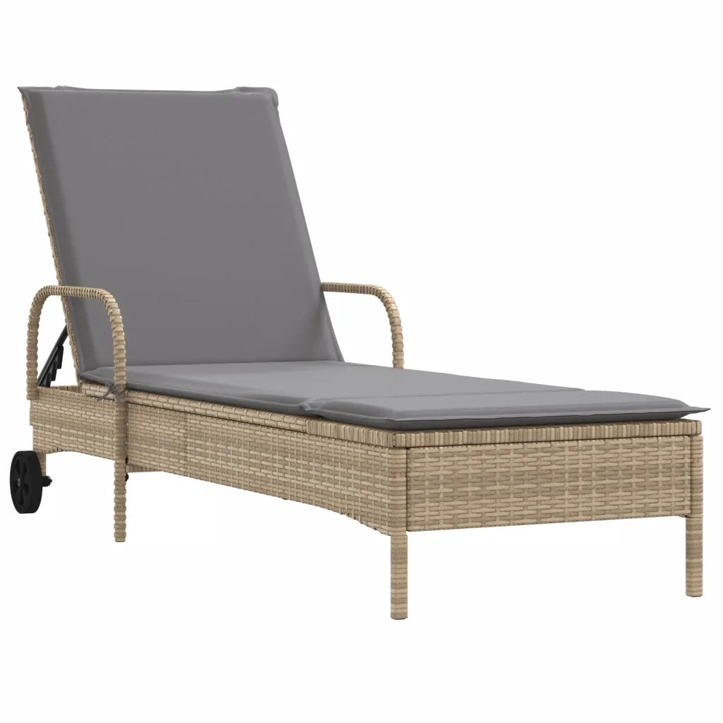Lettino Prendisole con Ruote e Cuscino in Polyrattan Beige 368311