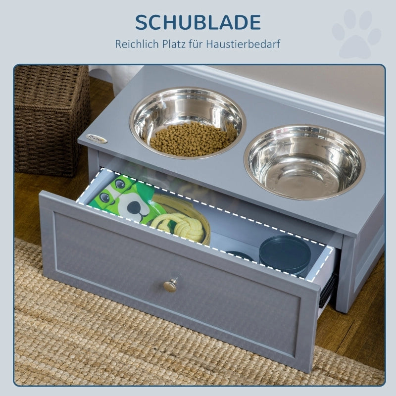 Scaffale rialzato con due ciotole in acciaio inox e cassetto per cani medi grigio 60 × 30 × 24 cm