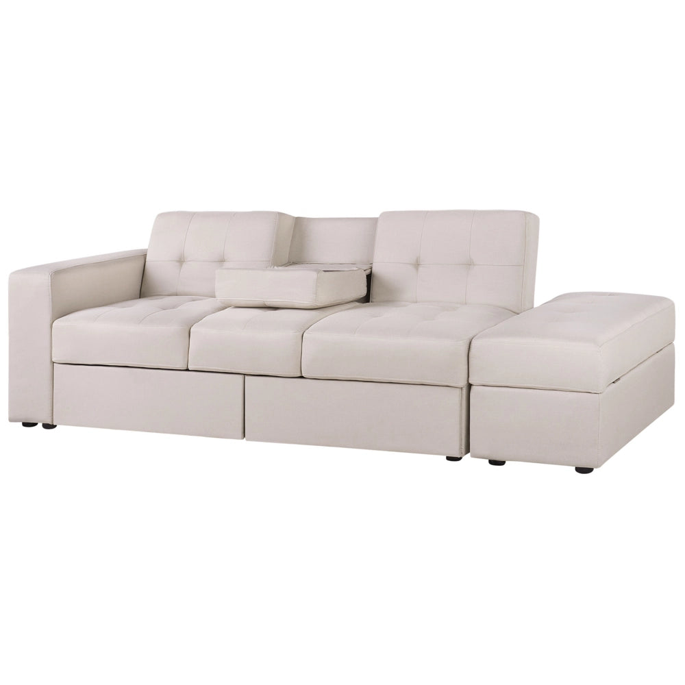 Divano letto componibile Pouf contenitore beige Cassetti estraibili Click Clack Vassoio ribaltabile Portabicchieri
