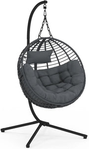 Poltrona Rotonda Traforata con Effetto Rattan Grigio e Cuscino Grigio