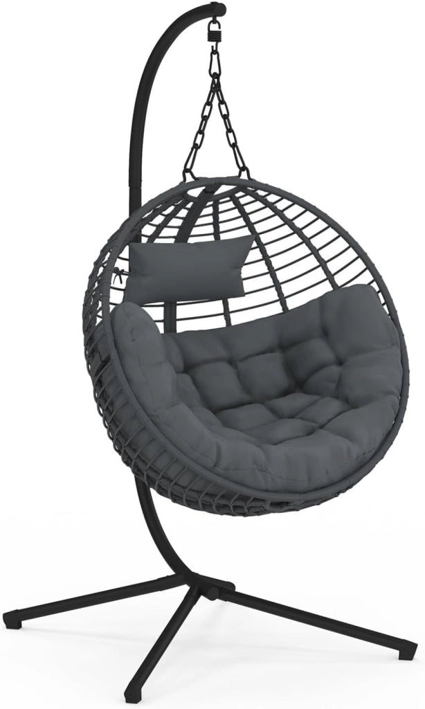 Poltrona Rotonda Traforata con Effetto Rattan Grigio e Cuscino Grigio
