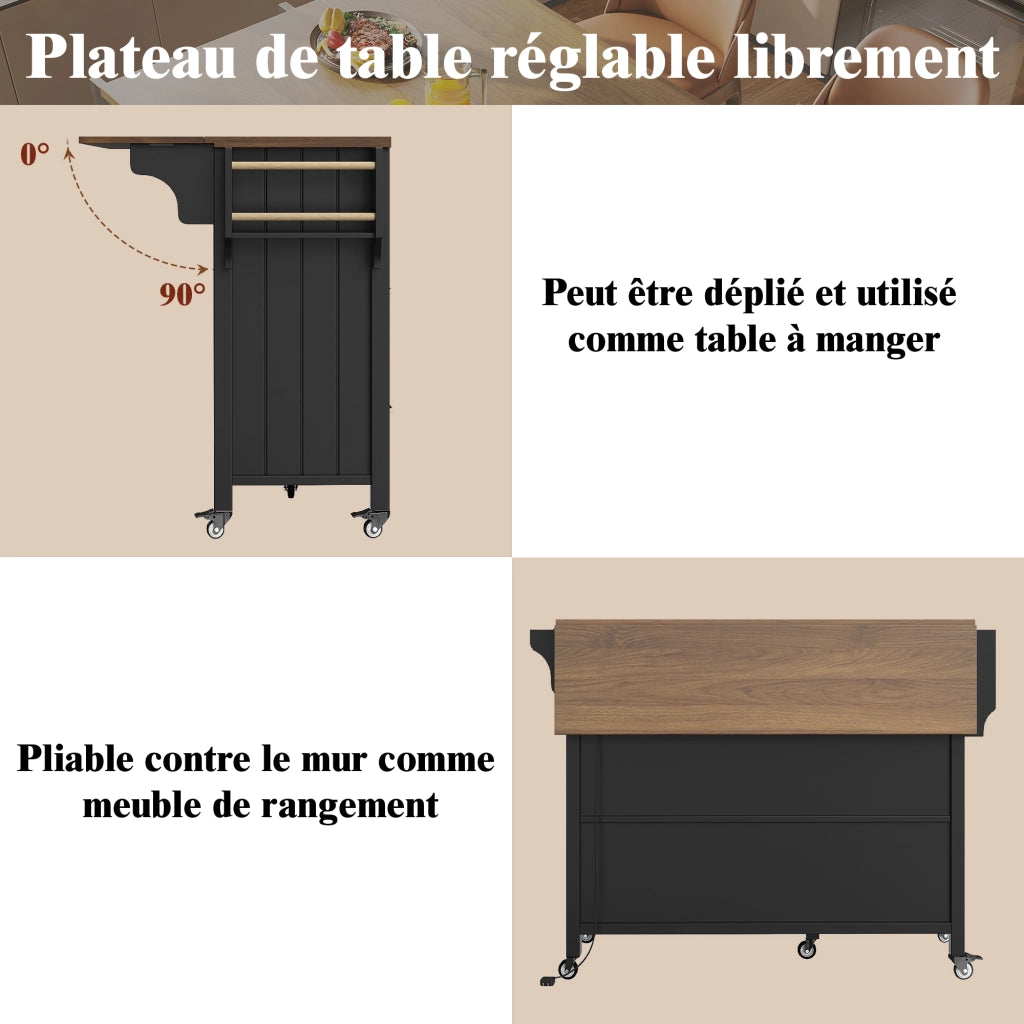 Carrello da Cucina con 2 Cassetti; Anta in Vetro; LED; Portasciugamani e Ruote per Cucina 139×40×94 cm