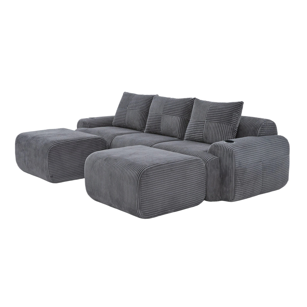 Divano modulare a 3 posti in corduroy con portabicchieri e tasca laterale; grigio scuro 268x174x66 cm