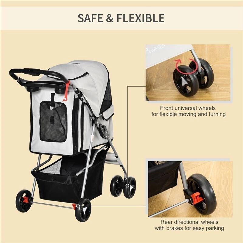 PASSEGGINO PER CANI PIEGHEVOLE CON 3 RETI E CERNIERA, IN FERRO E TESSUTO OXFORD, 75X46X94 CM, GRIGIO