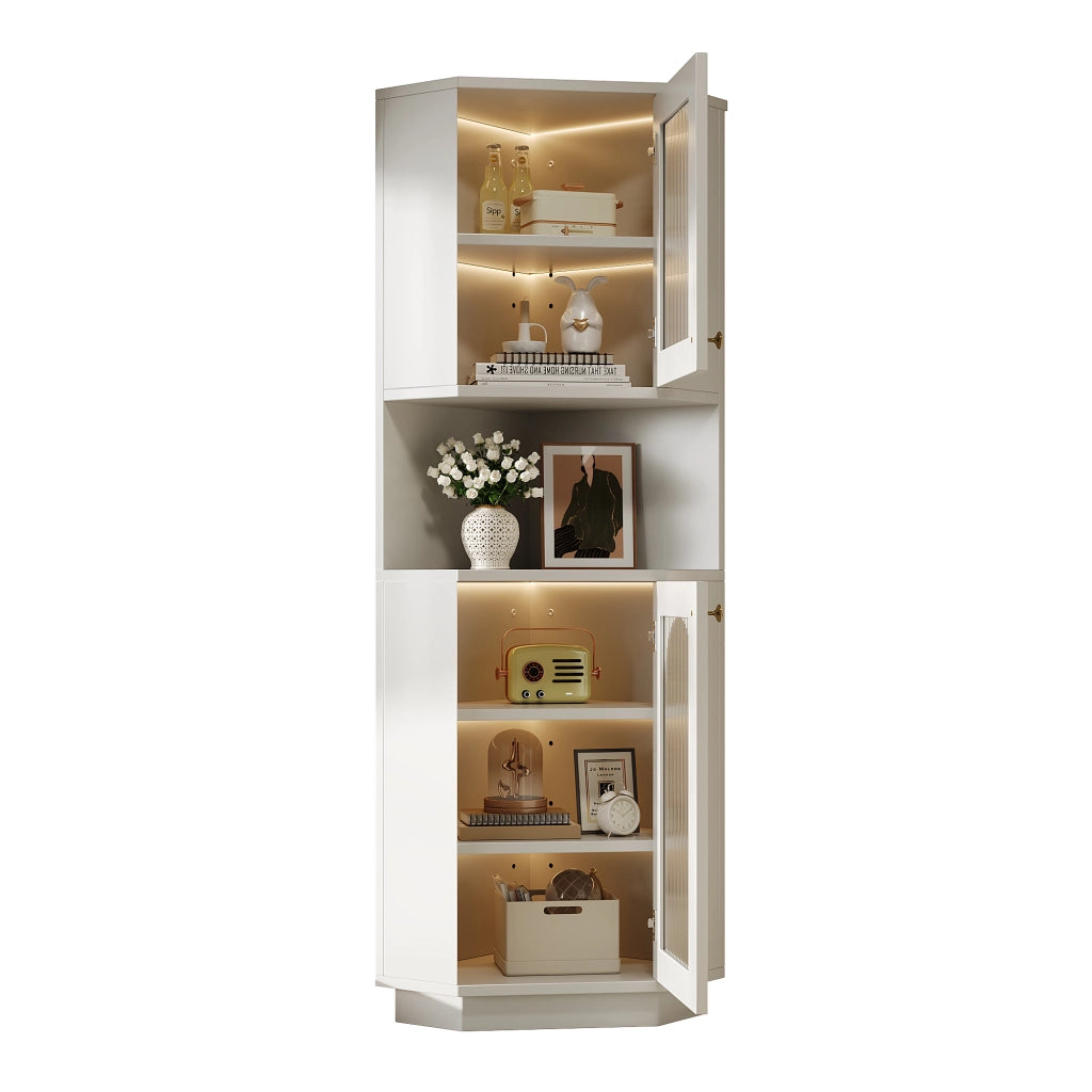 Armadietto da bagno angolare con luce e vani aperti, ripiani regolabili, in MDF bianco, 45 × 45 × 166,5 cm