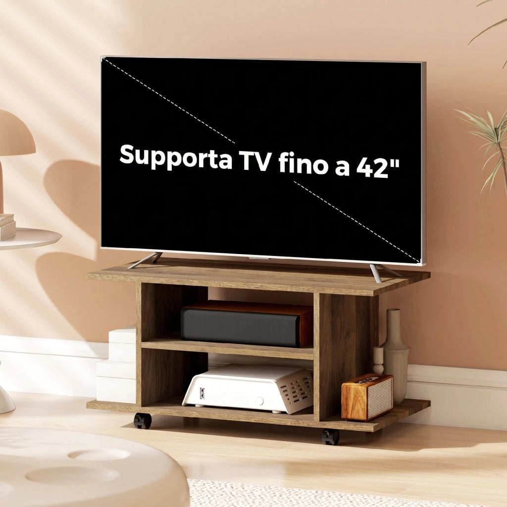 Mobile Porta TV Moderno 80x40x40 cm con Ripiani Ruote Girevoli e Freni Color Noce