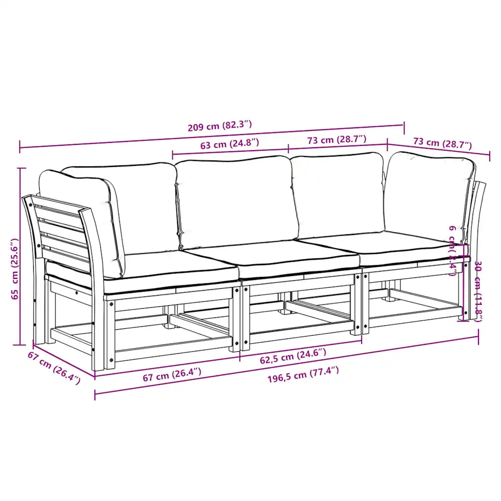 Set Mobili da Giardino 3pz con Cuscini Legno Massello di Acacia 3214291
