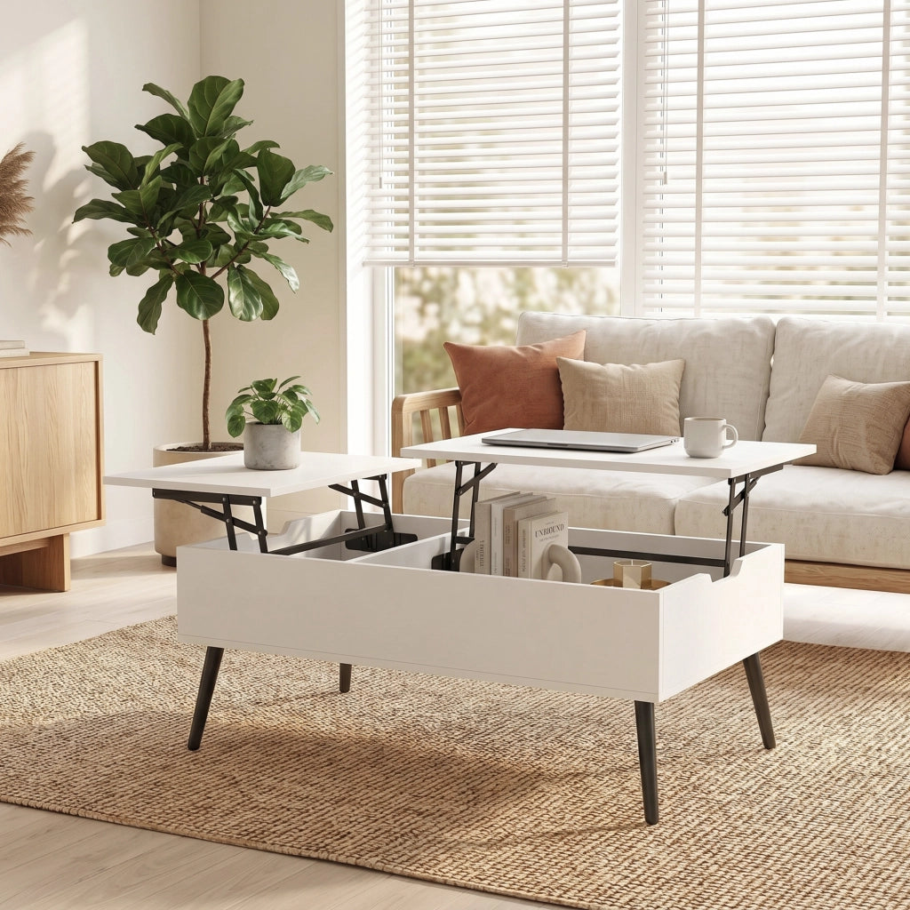 Tavolino da Caffè 100x50x43,6 cm Sollevabile con Piano Doppio e Scomparto Nascosto Bianco