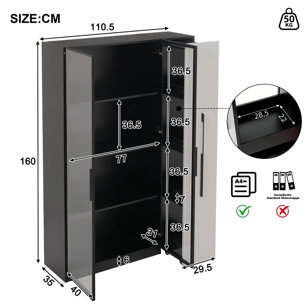 Armadio Multifunzione con Vetrina LED e Ripiani ¨C MINIMAL ¨C Bianco e Nero, 110x35x160 cm