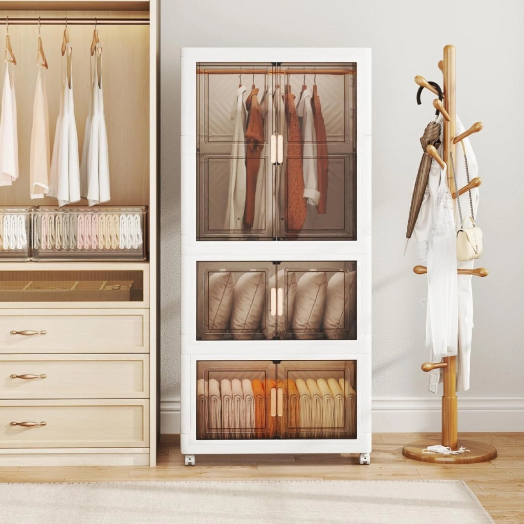 Contenitori di stoccaggio 421 l con coperchio, Organizzatore di armadio portatile in plastica con 10 appendini Bianco + Marrone
