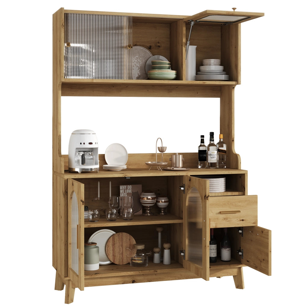 Credenza alta 120x40x178 cm con prese integrate e porte USB, effetto legno