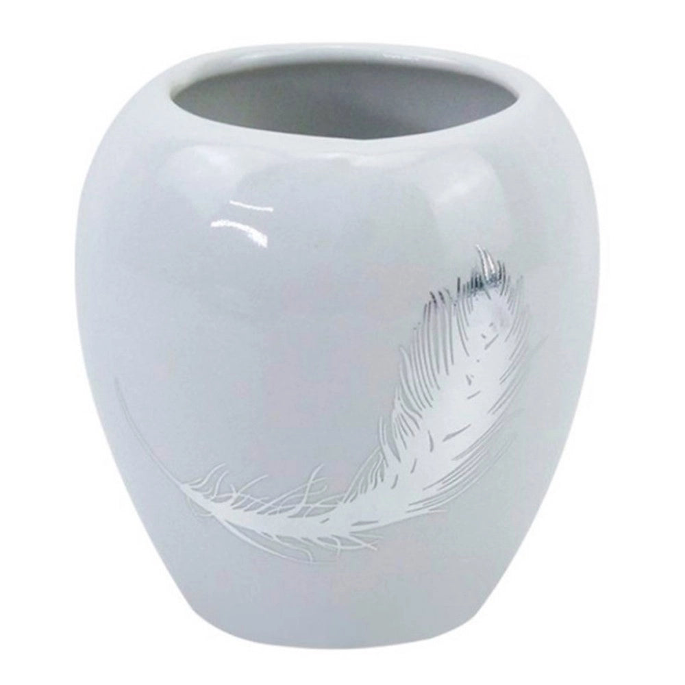 Trade Shop - Bicchiere Portaspazzolini Ceramica Bianca Decorato Con Piuma Argento Bagno 59899 -