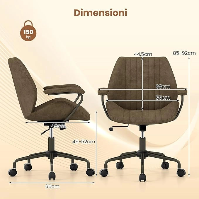 Sedia da Ufficio, Sedia Girevole per Scrivania con Ruote, Braccioli Imbottiti, Poltrona Direzionale Ergonomica Regolabile in Altezza, Portata 150 kg