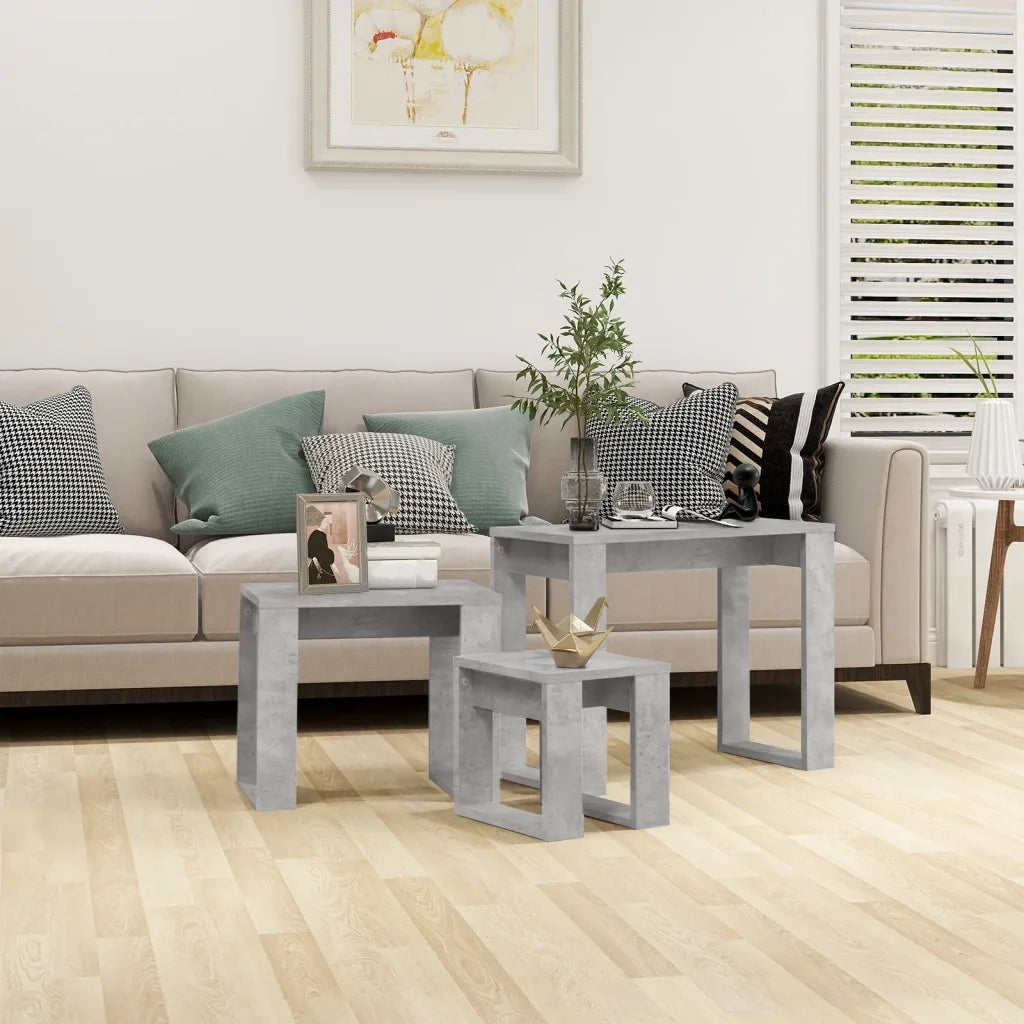Tavolini Impilabili 3 pz | Tavolo laterale Grigio Cemento in Legno Multistrato