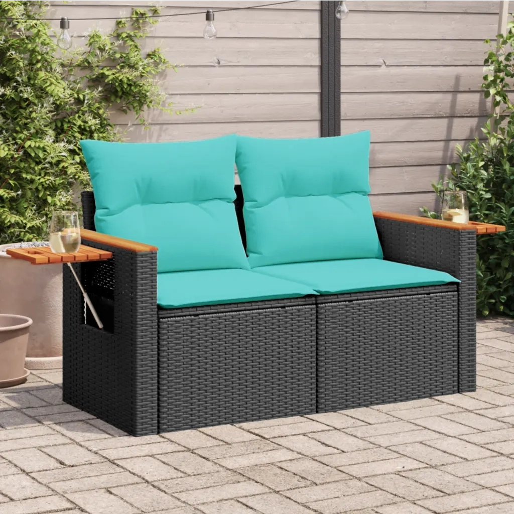 Divano da giardino con cuscini 2 Posti-Sofa da Giardino-Divano da esterno nero in polyrattan 287201