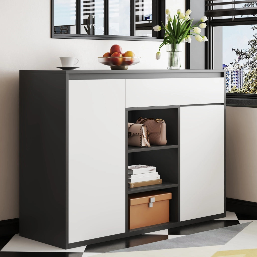 Scarpiera con 2 Ante e Cassetto, Ripiani Regolabili, LED, Ingresso ¨C Xylo ¨C Nero/Bianco