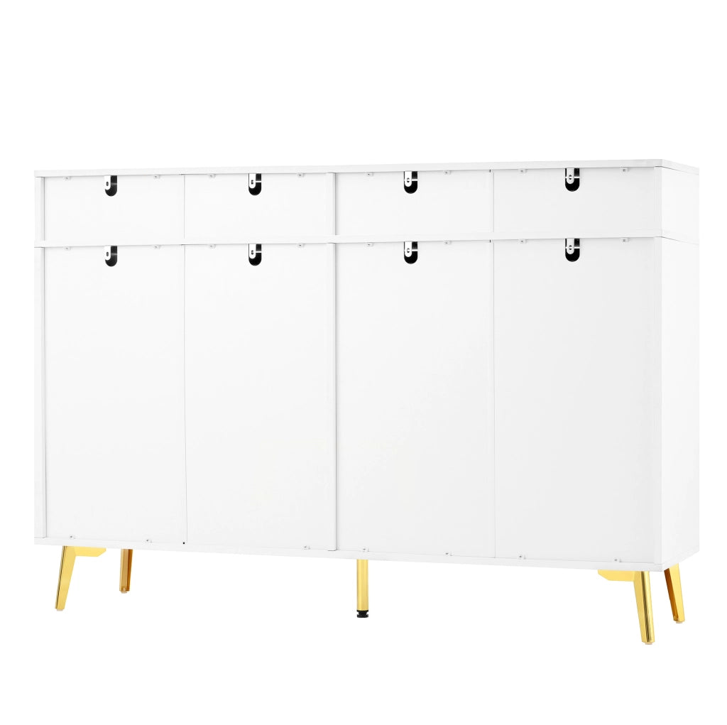 Credenza 140x38x82 cm; 4 cassetti e 4 ante; ripiani regolabili; MDF bianco con dettagli oro