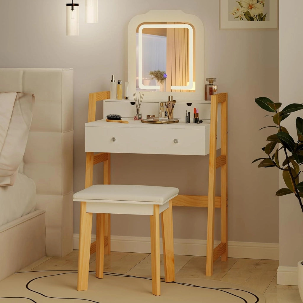 Set da toeletta compatto con sgabello imbottito, specchio illuminato in 3 colori e 3 cassetti, tavolo da trucco con altezza regolabile, 64 x 40 x 130 cm, bianco