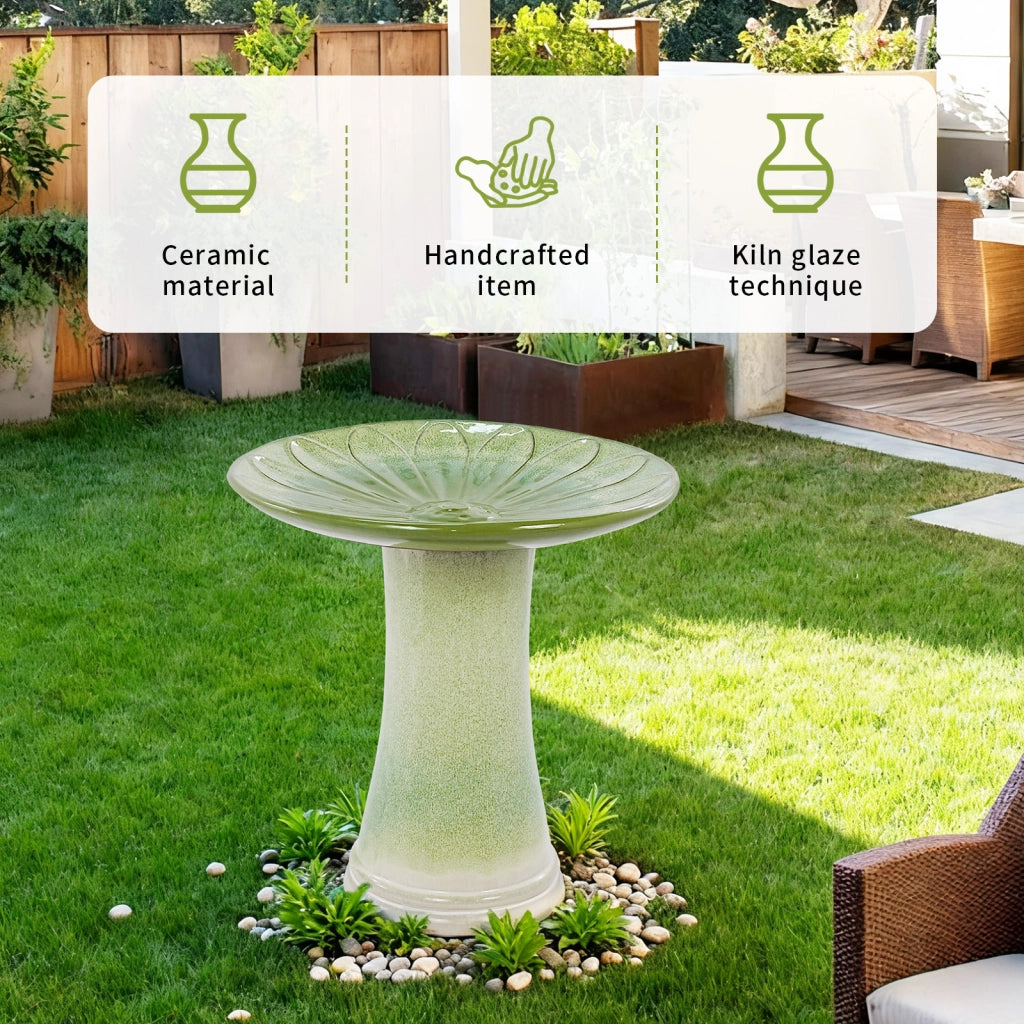 Fontana da giardino per uccelli con ciotola rialzata decorata a rilievo smaltata in ceramica verde Ø43 × 45 cm