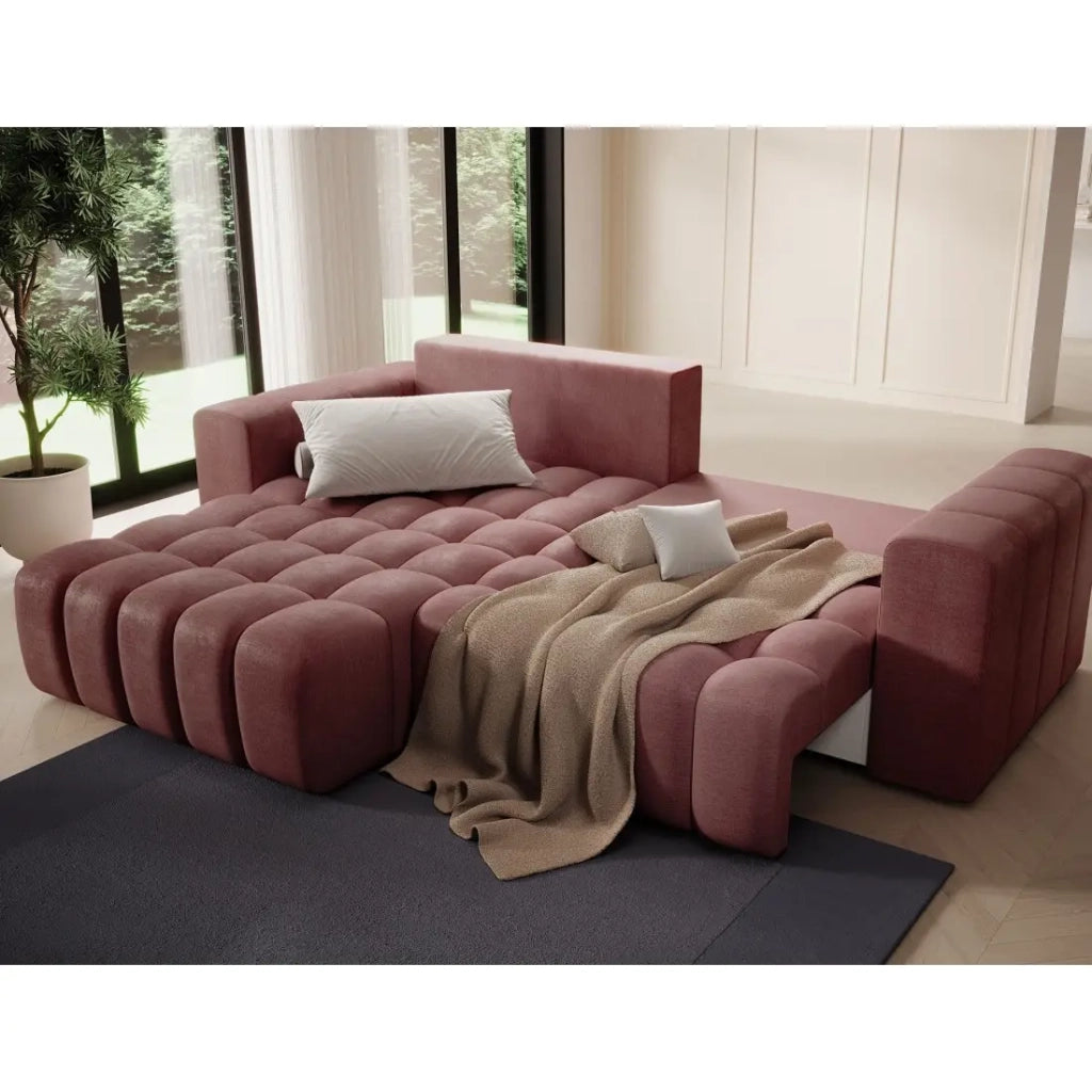 Divano angolare convertibile DORY rosa 250 cm con contenitore angolo sinistro