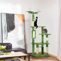 Albero per Gatti Multilivello con Amaca, Tiragraffi, Pallina e Foglie Decorative, 49x49x142 cm, Verde