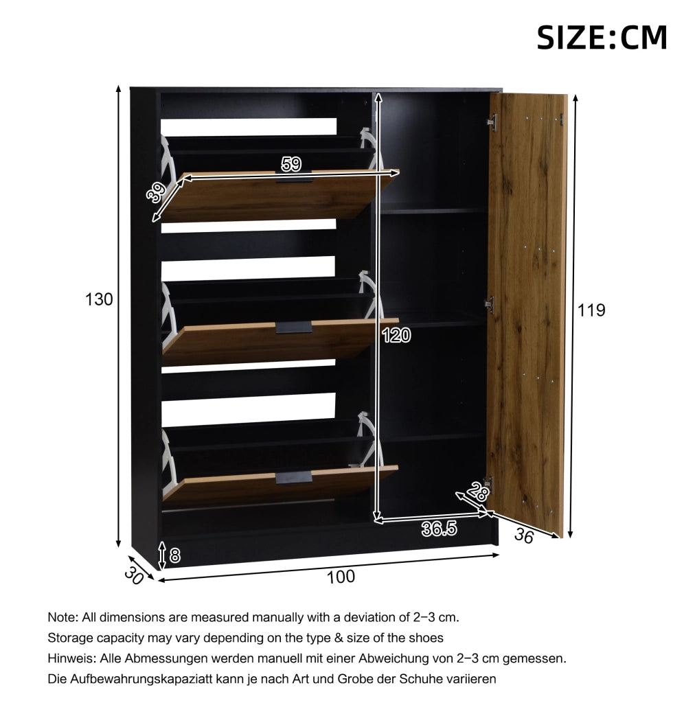 Scarpiera salvaspazio 100x30x130 cm in MDF; 3 ante ribaltabili e 1 vano chiuso; naturale e nero