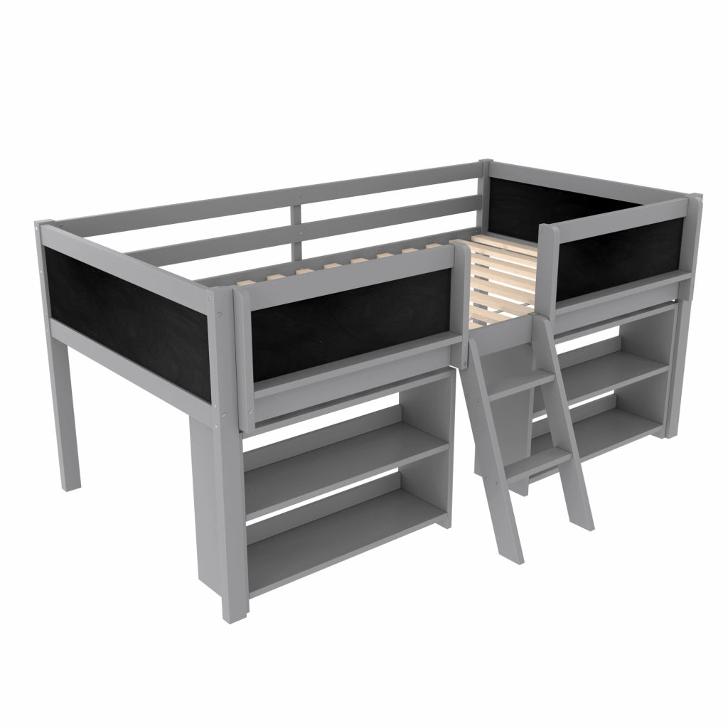 Letto semipiano 90x200 cm con scomparti portaoggetti; sponda di sicurezza e lavagna; in legno di pino e MDF; grigio