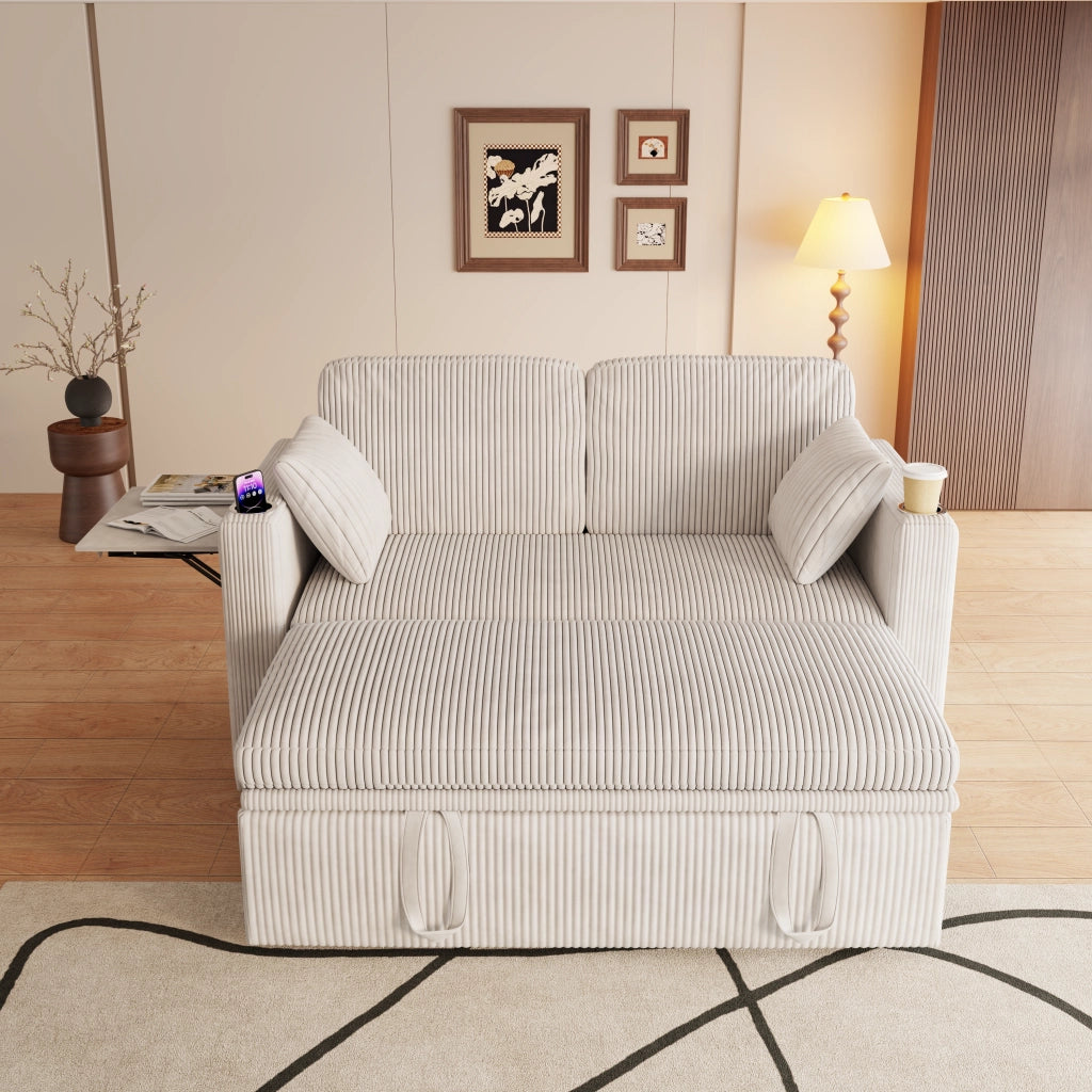 Divano letto 3 in 1 con schienale regolabile a 5 posizioni, portabicchieri, tasche laterali in velluto bianco