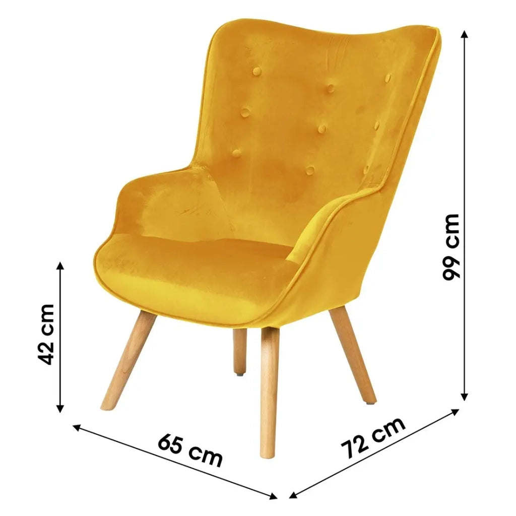 Poltrona da salotto in velluto giallo senape con piedi in legno collezione ENJOY. Stile scandinavo.